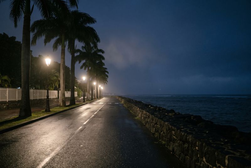 Front de mer de Saint-Denis la nuit, bordé de palmiers
